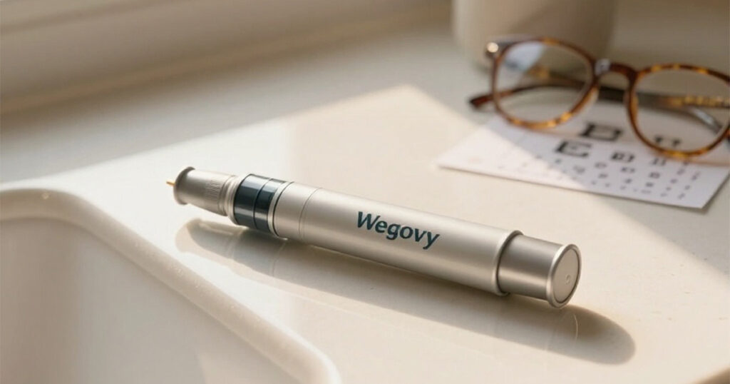 Wegovy Eye Stroke Risk illustration showing optic nerve blood flow reduction