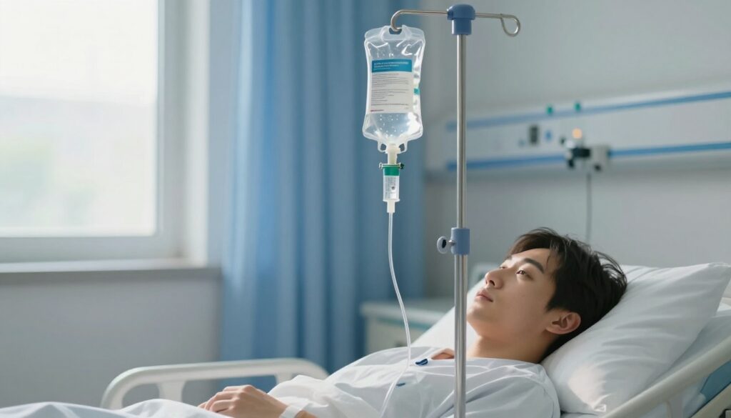 Child receiving Type 1 diabetes delay drug teplizumab infusion in hospital under NHS supervision for early-stage diabetes treatment