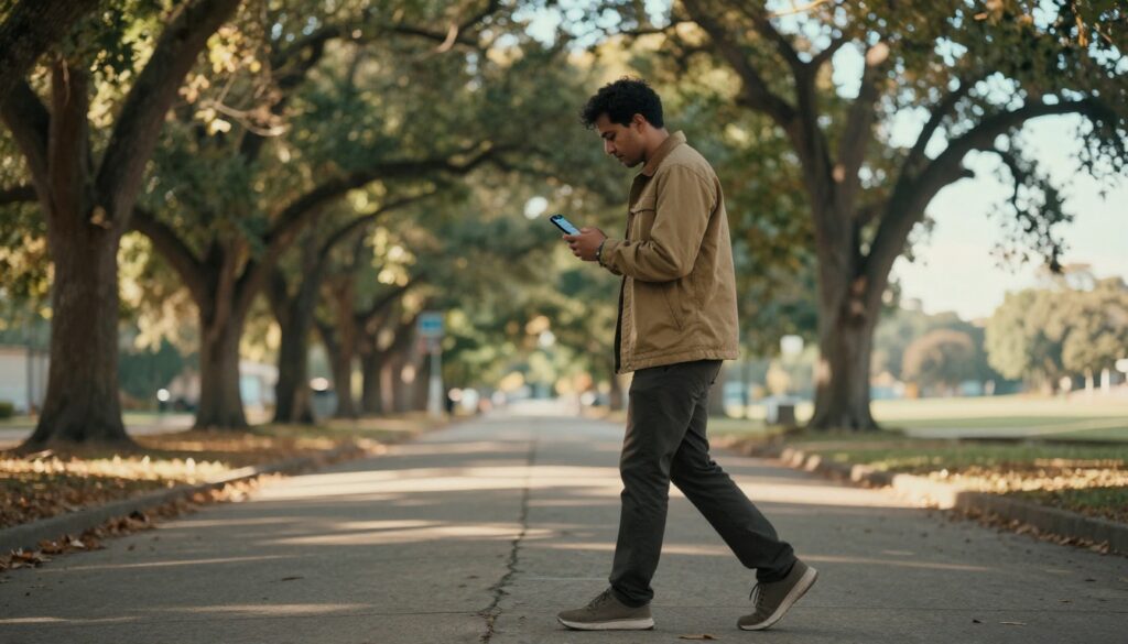 Person checking step count on smartphone while walking outdoors as part of the NHS walking challenge lifestyle habit